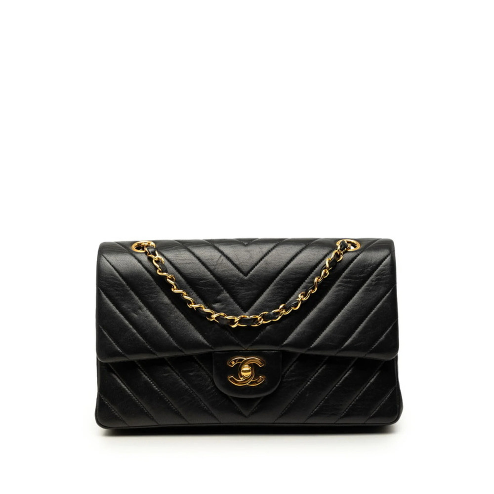 Chanel Chevron V-stitch Coco Mark Double Flap Chain Shoulder Bag, Black Lambs...